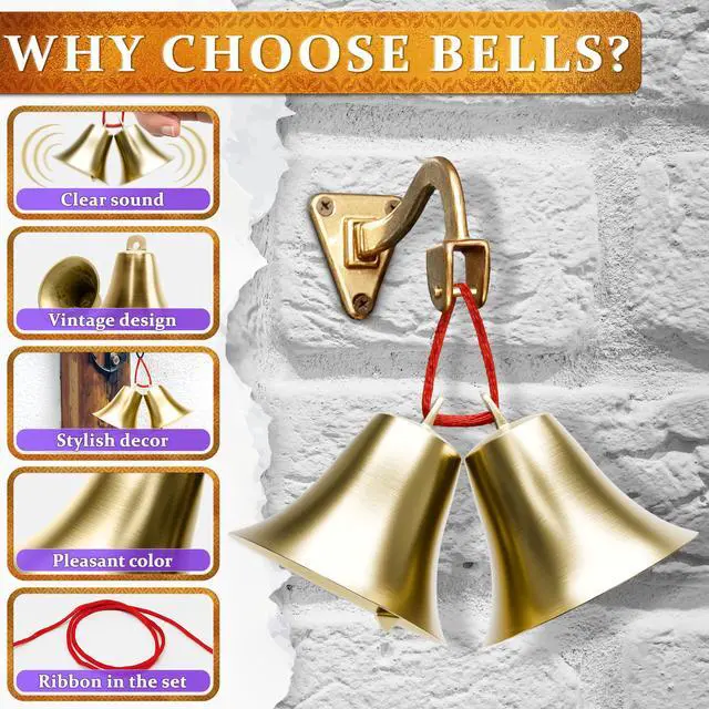 Alt view image 4 of 7 - Bells for Door Knob 2 Pack 2" × 1.8" Vintage Brass with Hanging Loop, Small Bell with Clear Ringing Sound for Home Entry, Office & Shopkeepers Hanging Bell for Door Opening, Crafts & Holiday Decor