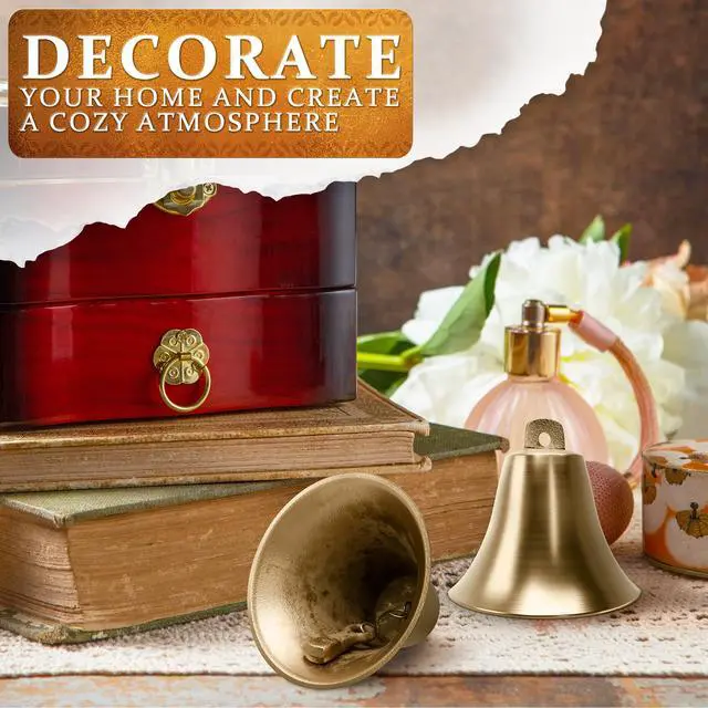 Alt view image 6 of 7 - Bells for Door Knob 2 Pack 2" × 1.8" Vintage Brass with Hanging Loop, Small Bell with Clear Ringing Sound for Home Entry, Office & Shopkeepers Hanging Bell for Door Opening, Crafts & Holiday Decor