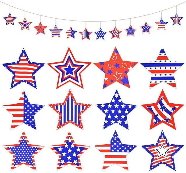 Main image of 24 Pcs 4th of July Star Hanging Decorations, Patriotic Red White Blue Star Garland Ornaments with Jute Rope for Independence Day Memorial Day Party Decorations