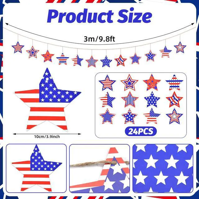 Alt view image 2 of 6 - 24 Pcs 4th of July Star Hanging Decorations, Patriotic Red White Blue Star Garland Ornaments with Jute Rope for Independence Day Memorial Day Party Decorations