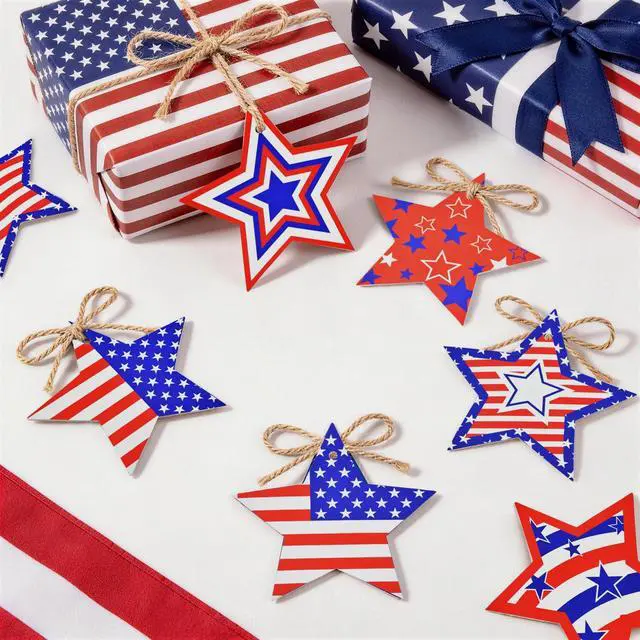 Alt view image 4 of 6 - 24 Pcs 4th of July Star Hanging Decorations, Patriotic Red White Blue Star Garland Ornaments with Jute Rope for Independence Day Memorial Day Party Decorations