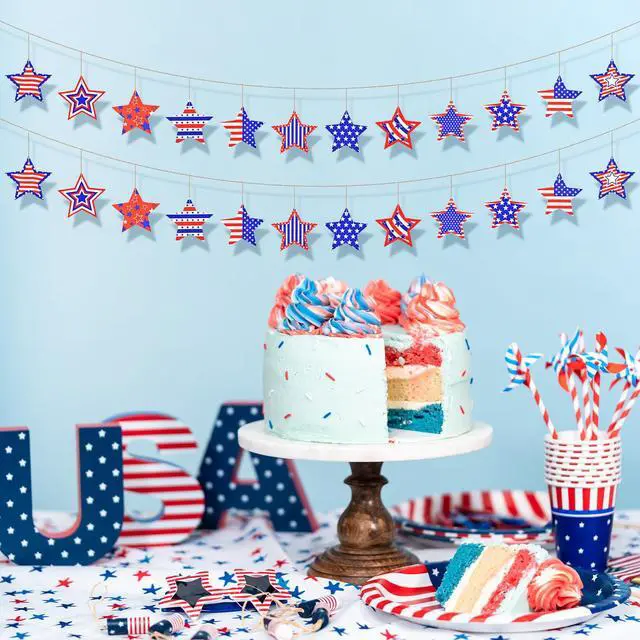 Alt view image 5 of 6 - 24 Pcs 4th of July Star Hanging Decorations, Patriotic Red White Blue Star Garland Ornaments with Jute Rope for Independence Day Memorial Day Party Decorations