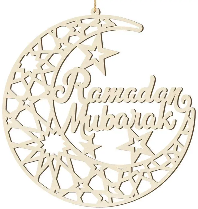 Main image of Ramadan Decorations Eid Mubarak Wreath Door Sign Wooden Hanging Signs, Kareem Hollow Ornament Moon and Stars, Moon Shape Ramadan Mubarak Party Wood Wall Hanger for Islamic Muslim Home Decor