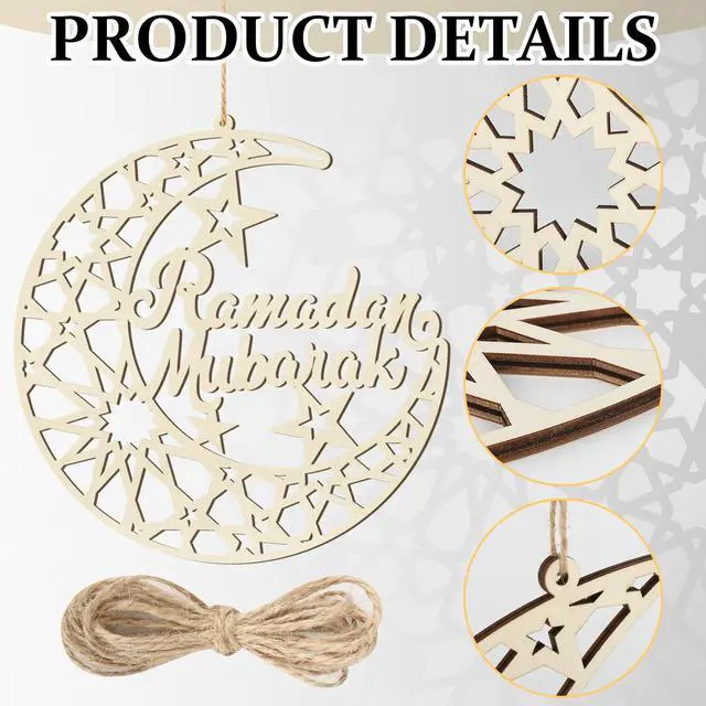 Alt view image 2 of 7 - Ramadan Decorations Eid Mubarak Wreath Door Sign Wooden Hanging Signs, Kareem Hollow Ornament Moon and Stars, Moon Shape Ramadan Mubarak Party Wood Wall Hanger for Islamic Muslim Home Decor