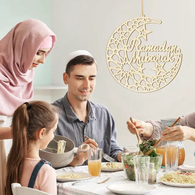 Alt view image 5 of 7 - Ramadan Decorations Eid Mubarak Wreath Door Sign Wooden Hanging Signs, Kareem Hollow Ornament Moon and Stars, Moon Shape Ramadan Mubarak Party Wood Wall Hanger for Islamic Muslim Home Decor