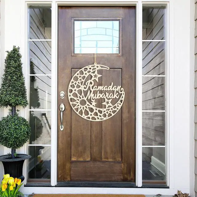 Alt view image 4 of 7 - Ramadan Decorations Eid Mubarak Wreath Door Sign Wooden Hanging Signs, Kareem Hollow Ornament Moon and Stars, Moon Shape Ramadan Mubarak Party Wood Wall Hanger for Islamic Muslim Home Decor