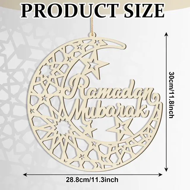 Alt view image 7 of 7 - Ramadan Decorations Eid Mubarak Wreath Door Sign Wooden Hanging Signs, Kareem Hollow Ornament Moon and Stars, Moon Shape Ramadan Mubarak Party Wood Wall Hanger for Islamic Muslim Home Decor