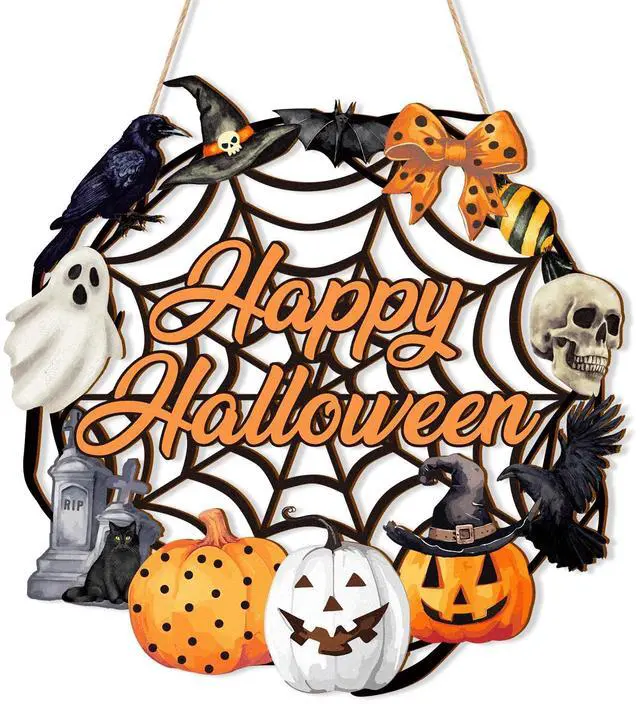 Main image of Halloween Decoration Wooden Ghost Door Halloween Wreath for Front Door Sign Wall Signs Decor, Pumpkin Black Cat Wreaths Sign Hanging for Home Wall Decor Outdoor Indoor Farmhouse Party Supply