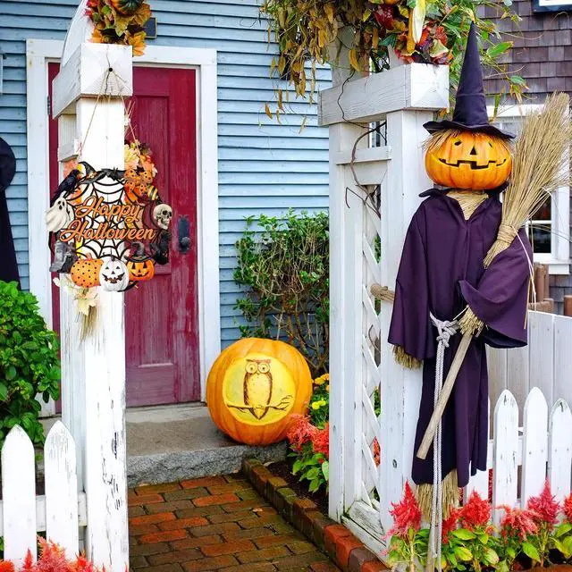 Alt view image 2 of 7 - Halloween Decoration Wooden Ghost Door Halloween Wreath for Front Door Sign Wall Signs Decor, Pumpkin Black Cat Wreaths Sign Hanging for Home Wall Decor Outdoor Indoor Farmhouse Party Supply