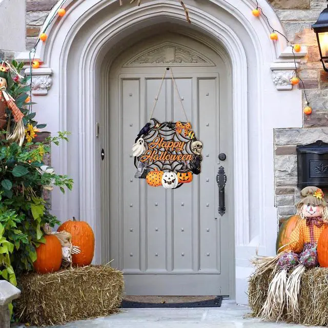 Alt view image 3 of 7 - Halloween Decoration Wooden Ghost Door Halloween Wreath for Front Door Sign Wall Signs Decor, Pumpkin Black Cat Wreaths Sign Hanging for Home Wall Decor Outdoor Indoor Farmhouse Party Supply