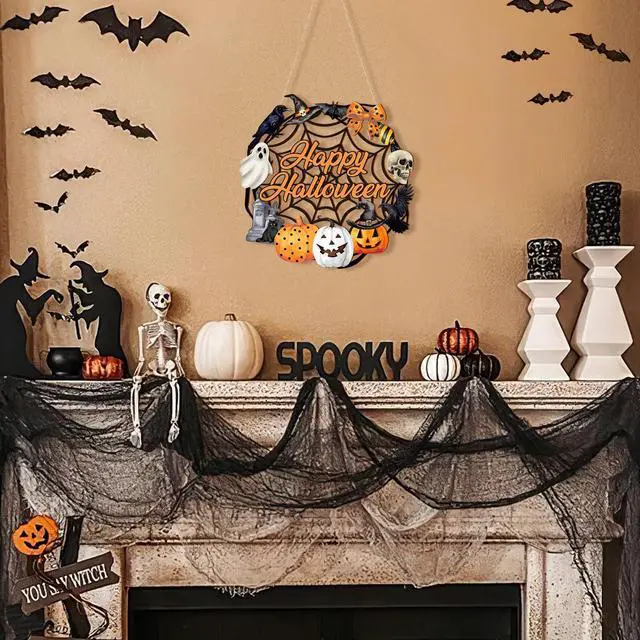 Alt view image 4 of 7 - Halloween Decoration Wooden Ghost Door Halloween Wreath for Front Door Sign Wall Signs Decor, Pumpkin Black Cat Wreaths Sign Hanging for Home Wall Decor Outdoor Indoor Farmhouse Party Supply