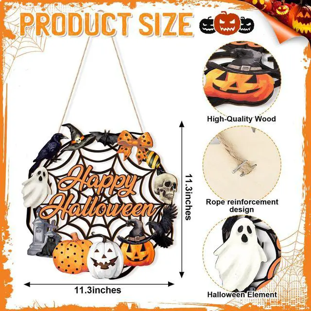 Alt view image 7 of 7 - Halloween Decoration Wooden Ghost Door Halloween Wreath for Front Door Sign Wall Signs Decor, Pumpkin Black Cat Wreaths Sign Hanging for Home Wall Decor Outdoor Indoor Farmhouse Party Supply