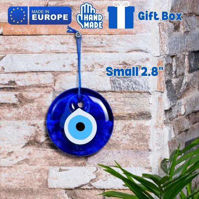 Alt view image 3 of 7 - Blue Evil Eye Decor 2.8" Wall Hanging Ornament Glass Handmade Turkish Greek Nazar Amulet Good Luck and Protection Charm for Home, Office, Garden, Door Ojo Turco (in Box)