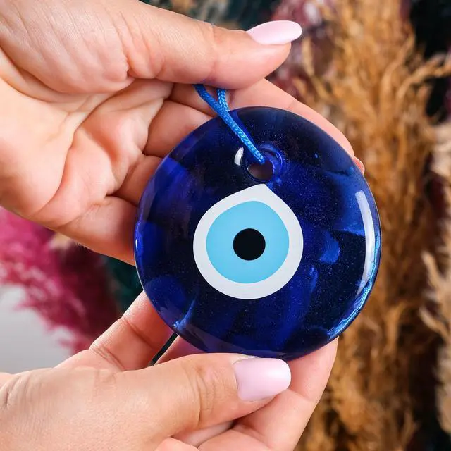 Alt view image 7 of 7 - Blue Evil Eye Decor 2.8" Wall Hanging Ornament Glass Handmade Turkish Greek Nazar Amulet Good Luck and Protection Charm for Home, Office, Garden, Door Ojo Turco (in Box)