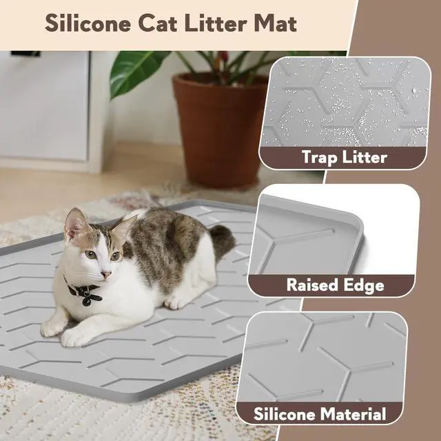 Alt view image 2 of 7 - Cat Litter Box Mat, Large 40" X 28" Litter Trapping Mat for Cats, Waterproof Silicone Pad for Floor, Gray