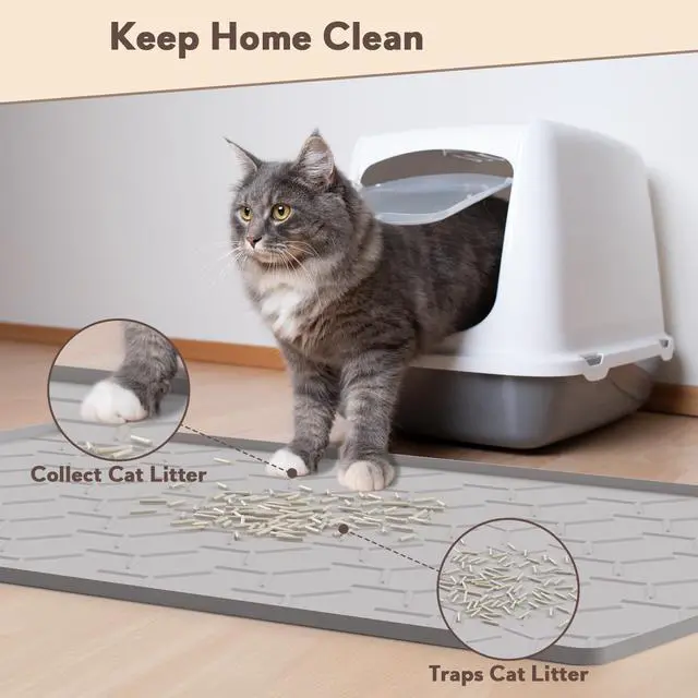 Alt view image 3 of 7 - Cat Litter Box Mat, Large 40" X 28" Litter Trapping Mat for Cats, Waterproof Silicone Pad for Floor, Gray