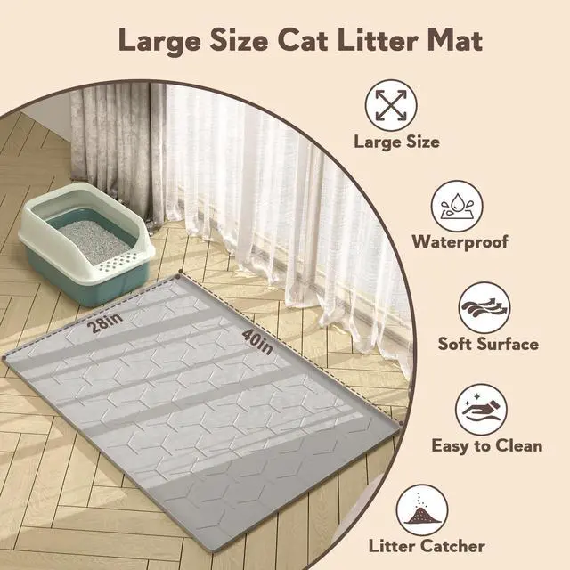 Alt view image 5 of 7 - Cat Litter Box Mat, Large 40" X 28" Litter Trapping Mat for Cats, Waterproof Silicone Pad for Floor, Gray