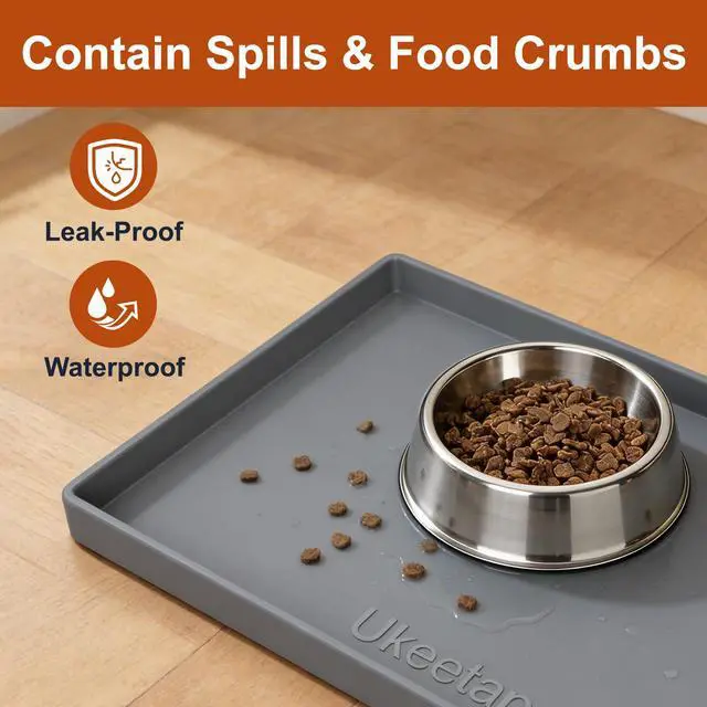 Alt view image 3 of 7 - Extra Thick Silicone Mat Waterproof with Raised Edge 19 x 12, BPA Free Non-Slip Dog & Cat Food Mat, Feeding Mat for Food and Water Bowls, Spill Proof Mat to Protect Floors, Gray