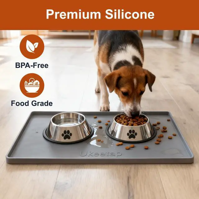 Alt view image 4 of 7 - Extra Thick Silicone Mat Waterproof with Raised Edge 19 x 12, BPA Free Non-Slip Dog & Cat Food Mat, Feeding Mat for Food and Water Bowls, Spill Proof Mat to Protect Floors, Gray