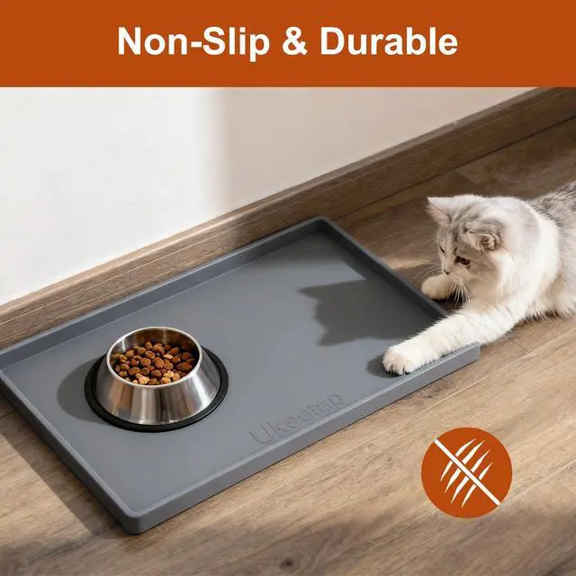 Alt view image 5 of 7 - Extra Thick Silicone Mat Waterproof with Raised Edge 19 x 12, BPA Free Non-Slip Dog & Cat Food Mat, Feeding Mat for Food and Water Bowls, Spill Proof Mat to Protect Floors, Gray