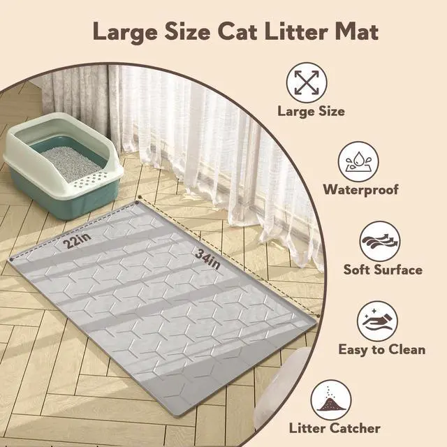 Alt view image 4 of 7 - Cat Mat for Litter Box, Large 34.05×22.5 inch Cat Litter Mat, Waterproof Silicone Pad for Floor, Gray