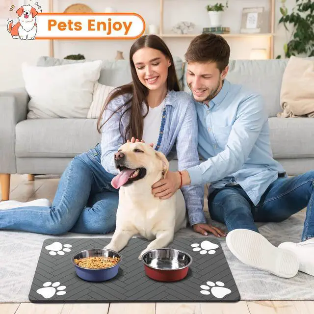 Alt view image 7 of 7 - Pet Feeding Mat-Absorbent Pet Placemat for Food and Water Bowl, with Waterproof Rubber Backing, Quick Dry Water Dispenser Mat for Dog and Cat (20"x12", Striped Dark Gray)