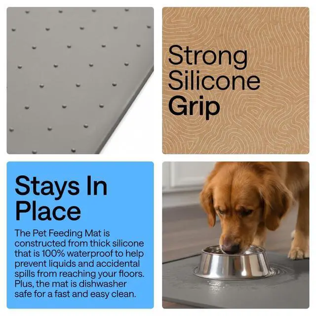 Alt view image 3 of 7 - 100% Waterproof Raised Edge BPA Free Silicone Pet Feeding Mat, Dog Cat Food Mats Contain Spills Protects Floors, Placemats for Cats and Dogs Water Bowl, 18.5x11.5, Gray