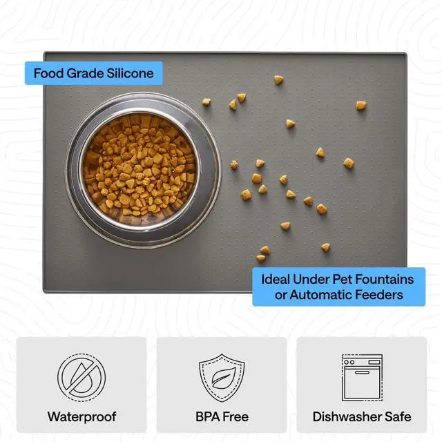 Alt view image 5 of 7 - 100% Waterproof Raised Edge BPA Free Silicone Pet Feeding Mat, Dog Cat Food Mats Contain Spills Protects Floors, Placemats for Cats and Dogs Water Bowl, 18.5x11.5, Gray