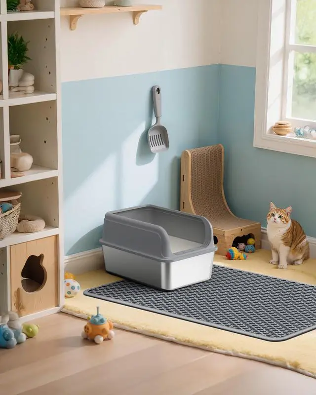 Alt view image 7 of 7 - 27" x 19" Cat Litter Mat - Ultra-Large Litter Box Mat with Double Layers, Urine-Proof and Non-Slip Litter Trapping Mat, Easy to Clean Kitty Litter Mats for Floor, Scatter Control, Grey