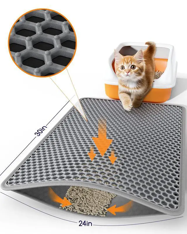 Alt view image 6 of 7 - Cat Litter Mat - 30" x 24" Large Litter Box Mat with Double Layers, Urine-Proof and Non-Slip Litter Trapping Mat, Easy to Clean Kitty Litter Mats for Floor, Scatter Control, Grey