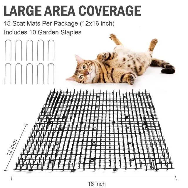 Alt view image 5 of 7 - 15 PCS Cat Scat Mat with Spikes 16 x 12'' Cat Deterrent Outdoor Scat Mats for Cats and Dogs Cat Spikes for Garden Fence Indoor Furniture Cat Deterrent Mat with 10 Staples