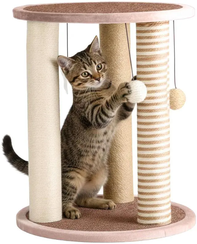 Main image of Cat Scratching Post - 3 Scratcher Posts with Carpeted Base Play Area and Perch - Furniture Scratching Deterrent for Indoor Cats by PETMAKER (Brown), Large