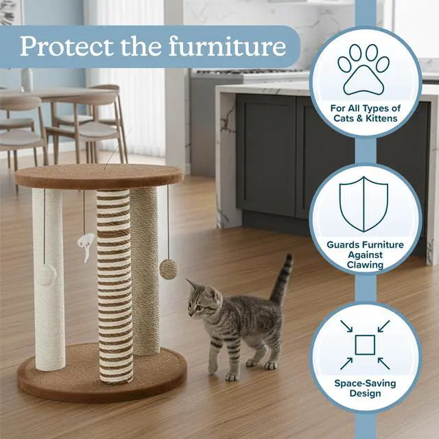 Alt view image 3 of 7 - Cat Scratching Post - 3 Scratcher Posts with Carpeted Base Play Area and Perch - Furniture Scratching Deterrent for Indoor Cats by PETMAKER (Brown), Large