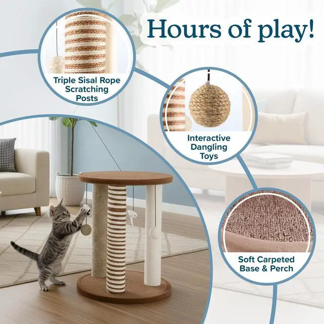 Alt view image 2 of 7 - Cat Scratching Post - 3 Scratcher Posts with Carpeted Base Play Area and Perch - Furniture Scratching Deterrent for Indoor Cats by PETMAKER (Brown), Large