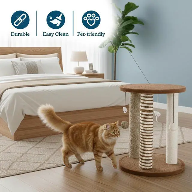 Alt view image 5 of 7 - Cat Scratching Post - 3 Scratcher Posts with Carpeted Base Play Area and Perch - Furniture Scratching Deterrent for Indoor Cats by PETMAKER (Brown), Large