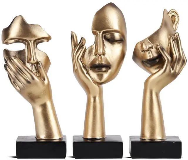 Main image of 3 Pcs Thinker Small Statue Set - Black Gold Home Decor Abstract Art Figurines for Shelves, Living Room Coffee Table, Office Desktop (3 Pcs Gold, 6")