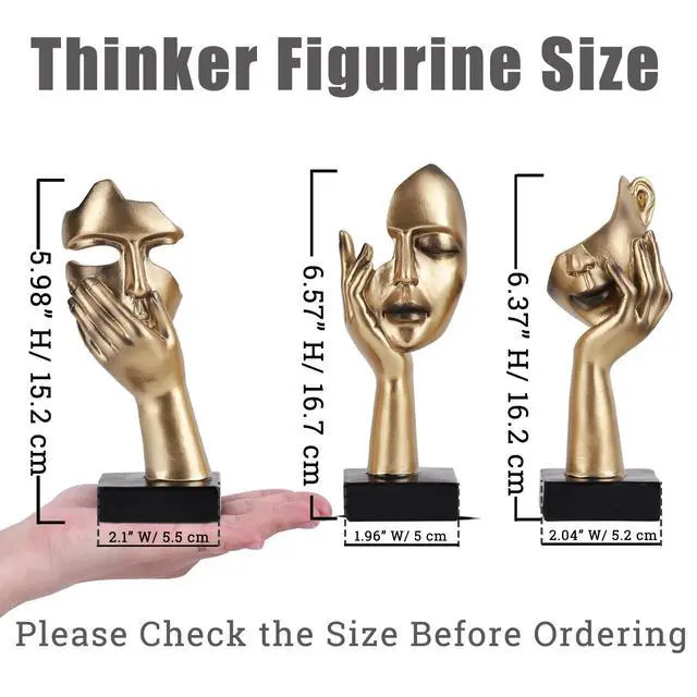 Alt view image 3 of 7 - 3 Pcs Thinker Small Statue Set - Black Gold Home Decor Abstract Art Figurines for Shelves, Living Room Coffee Table, Office Desktop (3 Pcs Gold, 6")