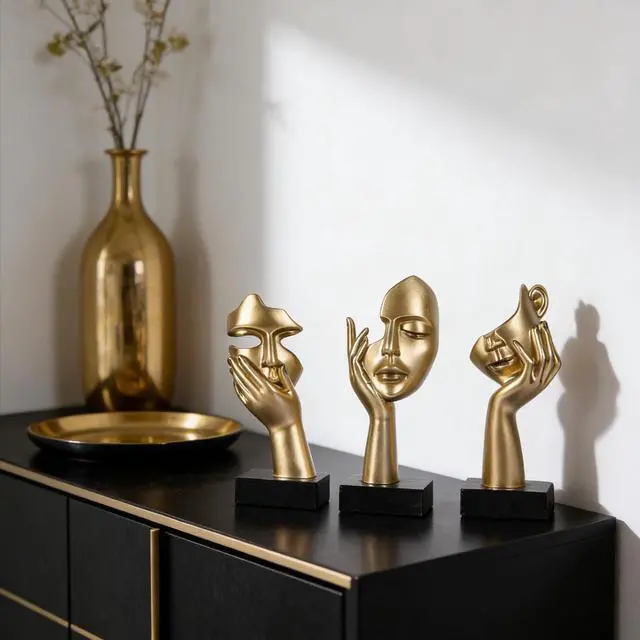 Alt view image 4 of 7 - 3 Pcs Thinker Small Statue Set - Black Gold Home Decor Abstract Art Figurines for Shelves, Living Room Coffee Table, Office Desktop (3 Pcs Gold, 6")