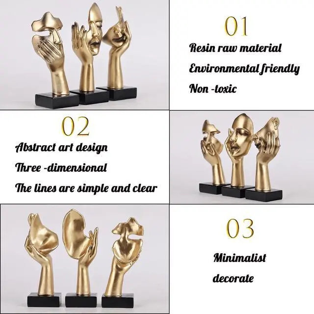 Alt view image 5 of 7 - 3 Pcs Thinker Small Statue Set - Black Gold Home Decor Abstract Art Figurines for Shelves, Living Room Coffee Table, Office Desktop (3 Pcs Gold, 6")