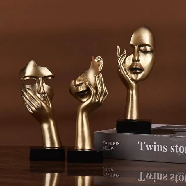 Alt view image 6 of 7 - 3 Pcs Thinker Small Statue Set - Black Gold Home Decor Abstract Art Figurines for Shelves, Living Room Coffee Table, Office Desktop (3 Pcs Gold, 6")