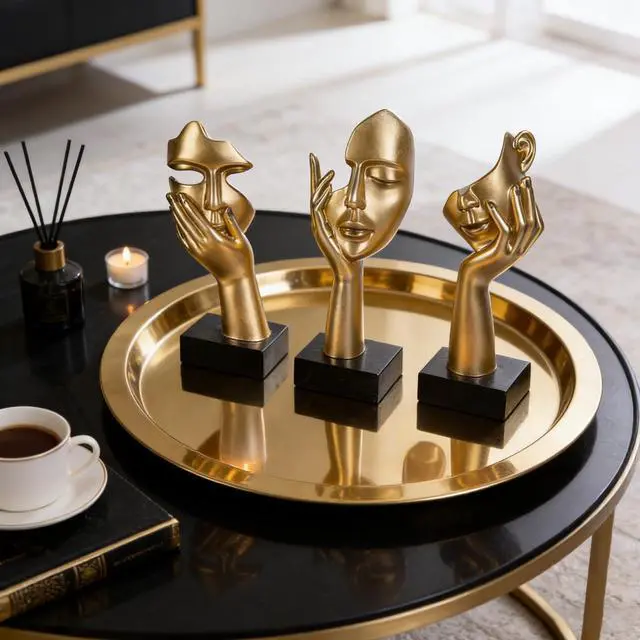Alt view image 7 of 7 - 3 Pcs Thinker Small Statue Set - Black Gold Home Decor Abstract Art Figurines for Shelves, Living Room Coffee Table, Office Desktop (3 Pcs Gold, 6")