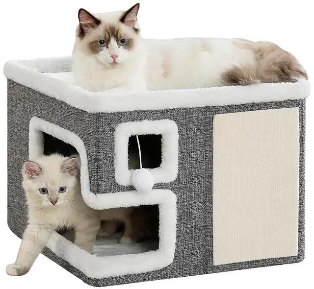 Main image of Cat Houses for Indoor Cats, Covered Cave Bed with Scratch Pad and Fluffy Ball, Foldable Cat Hideaway Condo for Large Cats, Modern Kitten Bed,16.5x16.5x13 inches (Grey, Large)