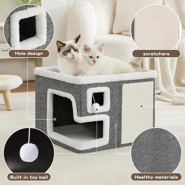 Alt view image 2 of 7 - Cat Houses for Indoor Cats, Covered Cave Bed with Scratch Pad and Fluffy Ball, Foldable Cat Hideaway Condo for Large Cats, Modern Kitten Bed,16.5x16.5x13 inches (Grey, Large)