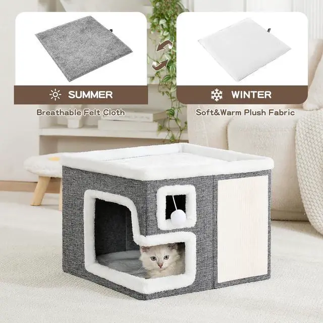 Alt view image 3 of 7 - Cat Houses for Indoor Cats, Covered Cave Bed with Scratch Pad and Fluffy Ball, Foldable Cat Hideaway Condo for Large Cats, Modern Kitten Bed,16.5x16.5x13 inches (Grey, Large)