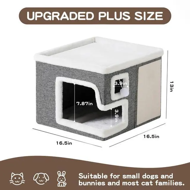 Alt view image 4 of 7 - Cat Houses for Indoor Cats, Covered Cave Bed with Scratch Pad and Fluffy Ball, Foldable Cat Hideaway Condo for Large Cats, Modern Kitten Bed,16.5x16.5x13 inches (Grey, Large)