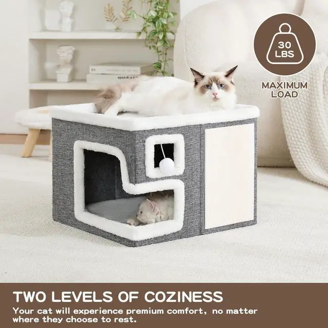 Alt view image 5 of 7 - Cat Houses for Indoor Cats, Covered Cave Bed with Scratch Pad and Fluffy Ball, Foldable Cat Hideaway Condo for Large Cats, Modern Kitten Bed,16.5x16.5x13 inches (Grey, Large)