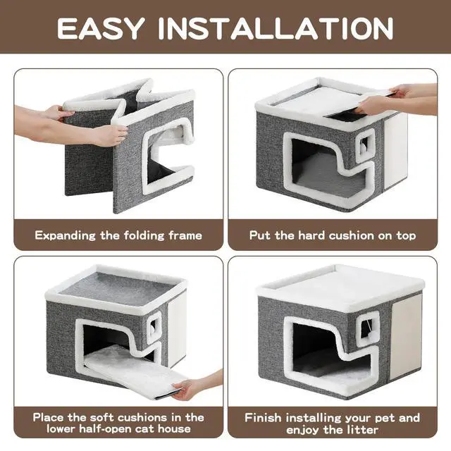 Alt view image 6 of 7 - Cat Houses for Indoor Cats, Covered Cave Bed with Scratch Pad and Fluffy Ball, Foldable Cat Hideaway Condo for Large Cats, Modern Kitten Bed,16.5x16.5x13 inches (Grey, Large)