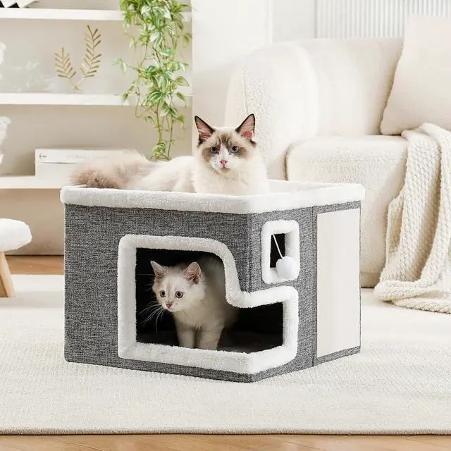Alt view image 7 of 7 - Cat Houses for Indoor Cats, Covered Cave Bed with Scratch Pad and Fluffy Ball, Foldable Cat Hideaway Condo for Large Cats, Modern Kitten Bed,16.5x16.5x13 inches (Grey, Large)