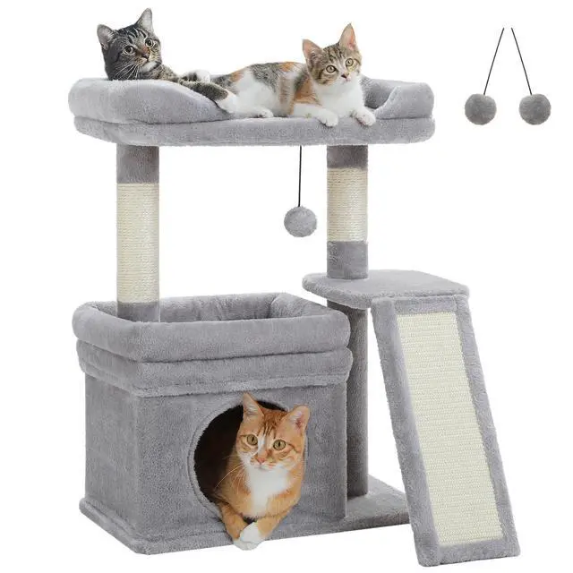 Main image of Cat Tree for Small to Medium Cats Cute Gray Cat Tower with Wide Cushioned Perch, Private Condo & Sisal Scratching Post for Indoor Kittens, Aesthetic Cat Furniture