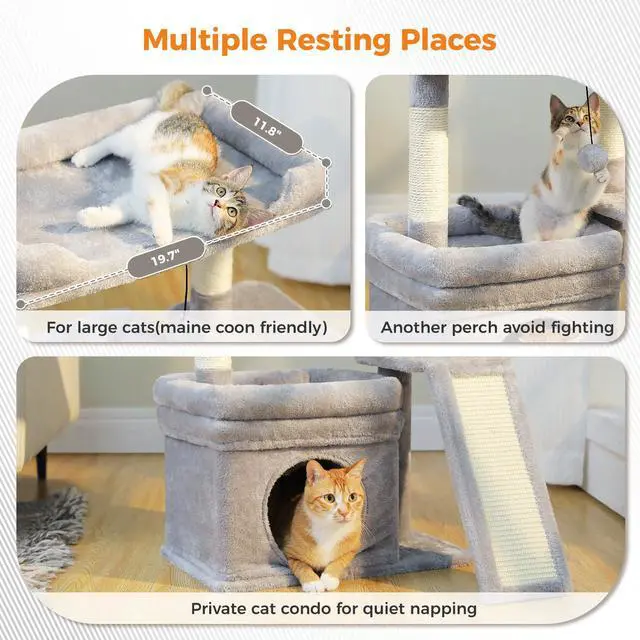 Alt view image 2 of 7 - Cat Tree for Small to Medium Cats Cute Gray Cat Tower with Wide Cushioned Perch, Private Condo & Sisal Scratching Post for Indoor Kittens, Aesthetic Cat Furniture
